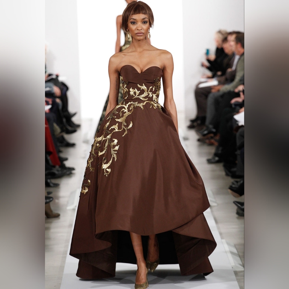 $16,000 OSCAR DE LA RENTA GOLD BEAD EMBROID BROWN SILK RUNWAY DRESS GOWN 4